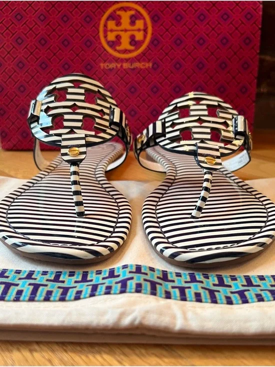 Tory Burch Navy & White Striped Patent Leather Miller Sandals - Picture 5 of 10